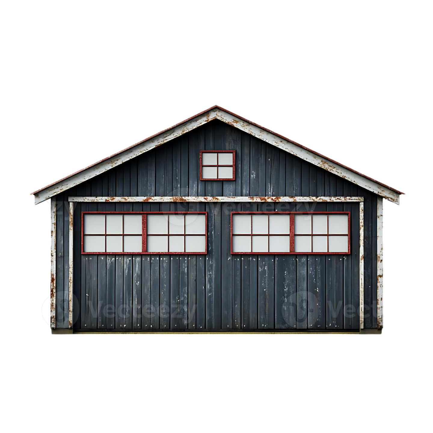 an old shed with red trim and windows