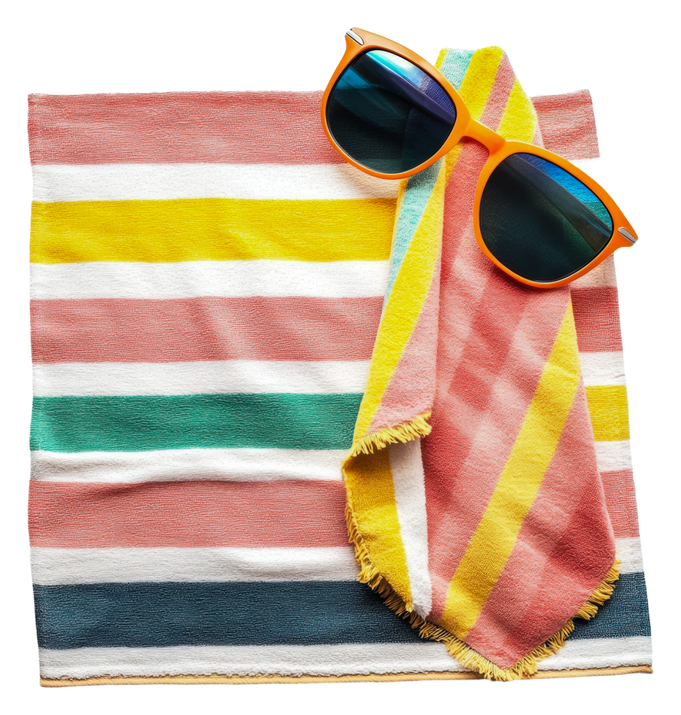 a pair of sunglasses and a towel on a white background