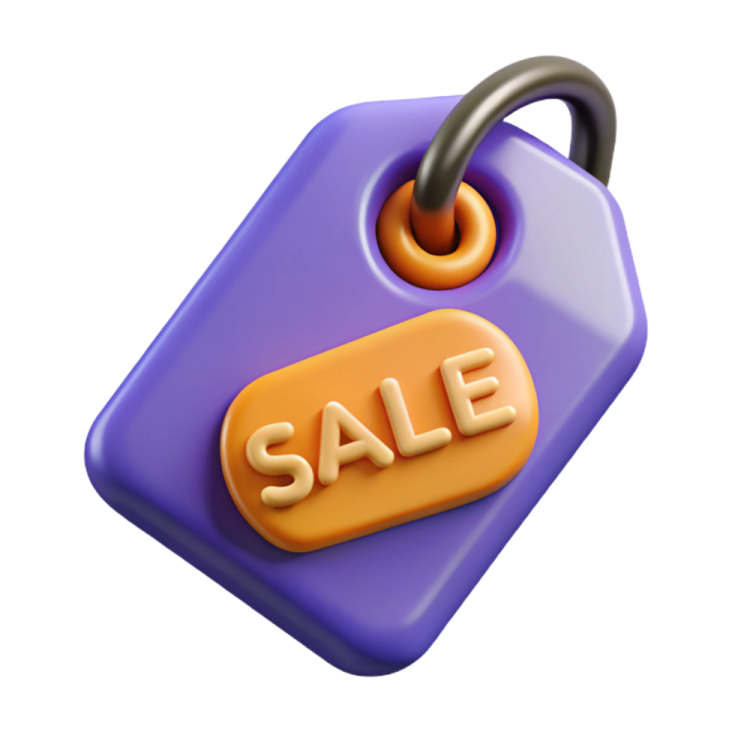 a purple and orange tag with the word sale on it