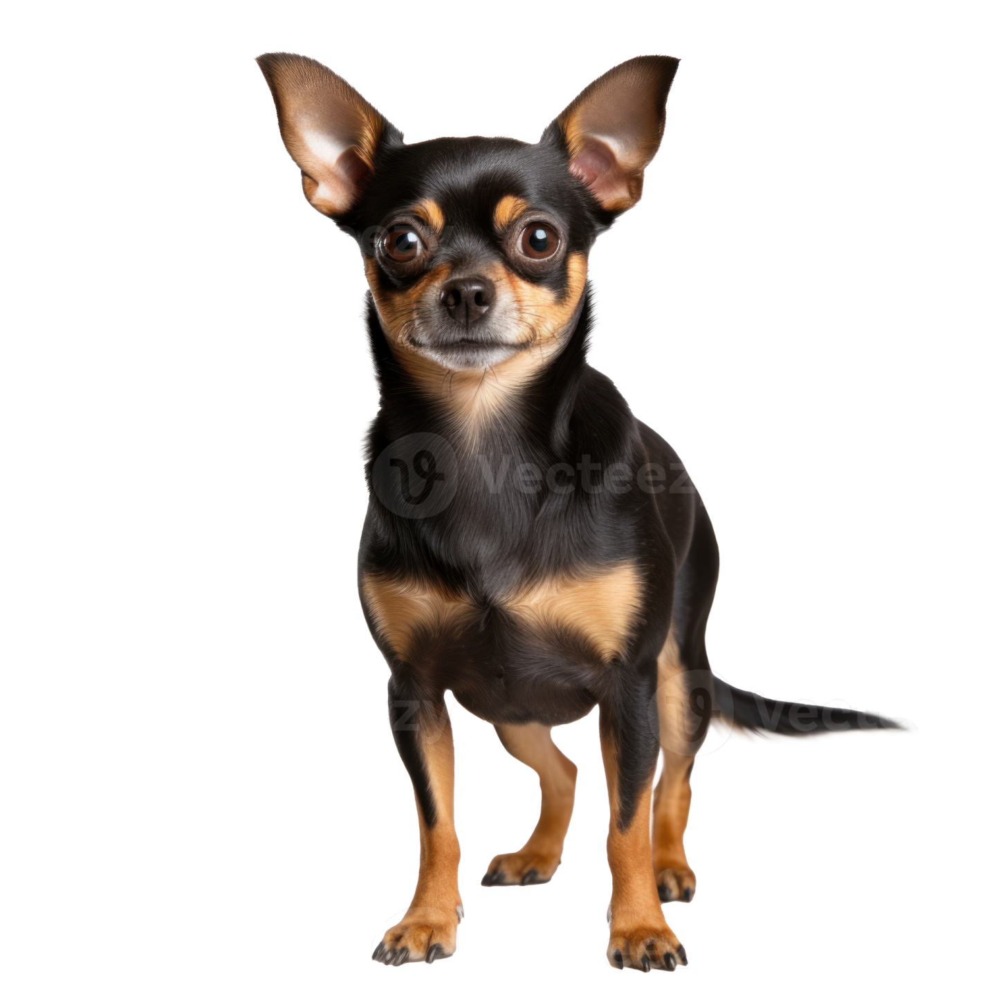 a small black and brown dog standing on a white background
