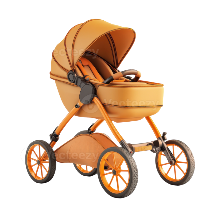 a baby stroller with orange wheels