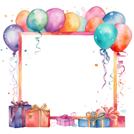 a watercolor frame with balloons and gift boxes