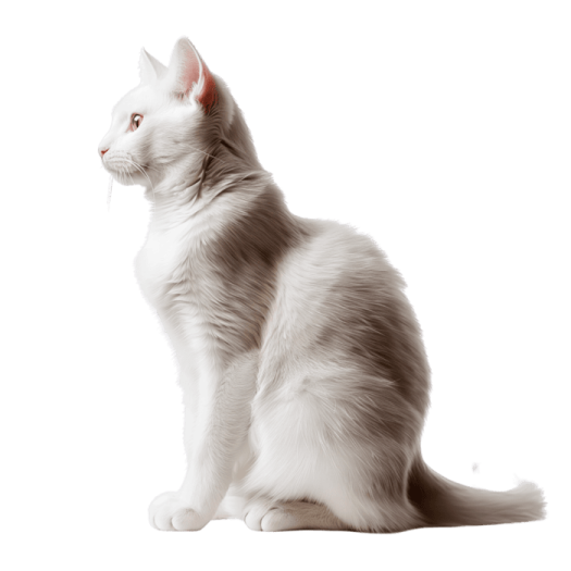 a white and gray cat sitting on the floor