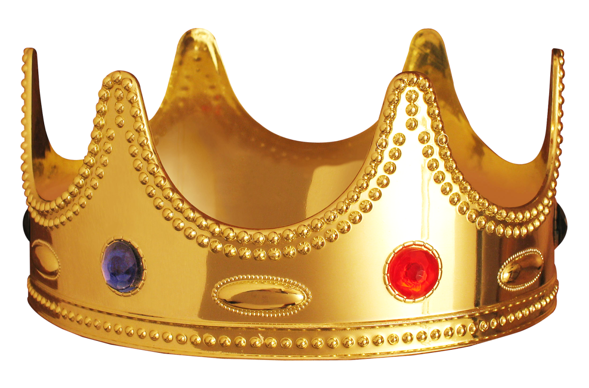 a gold crown with red and blue stones