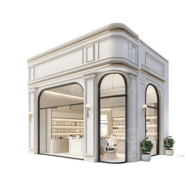a store front view with white walls and windows