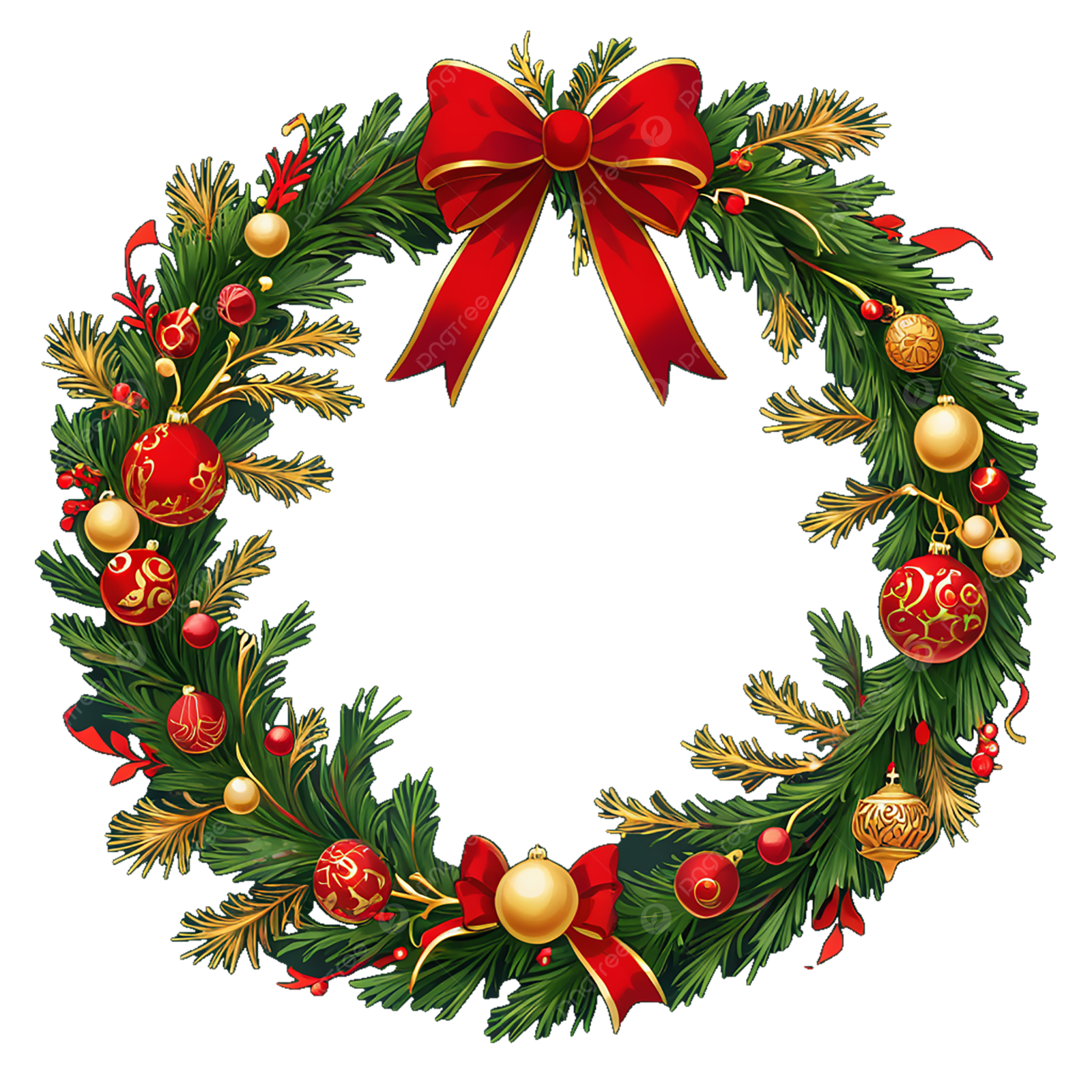 a christmas wreath with red and gold decorations