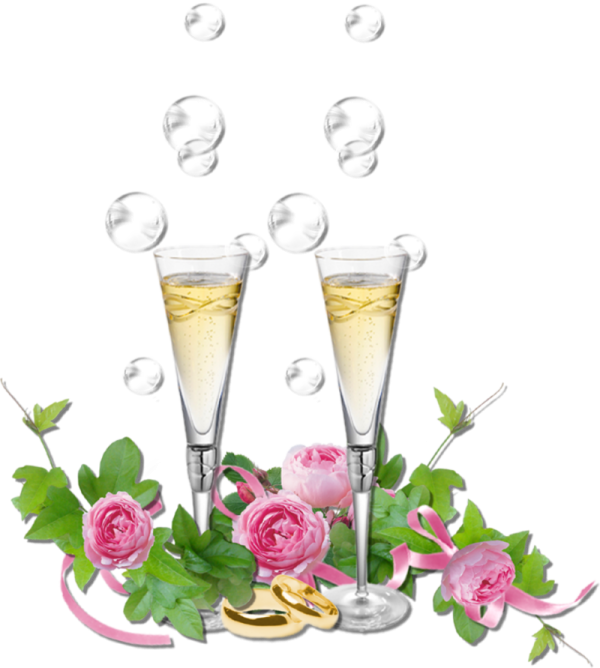 two glasses of champagne with pink roses and bubbles