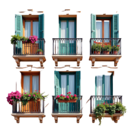 a set of four windows with green shutters and flowers
