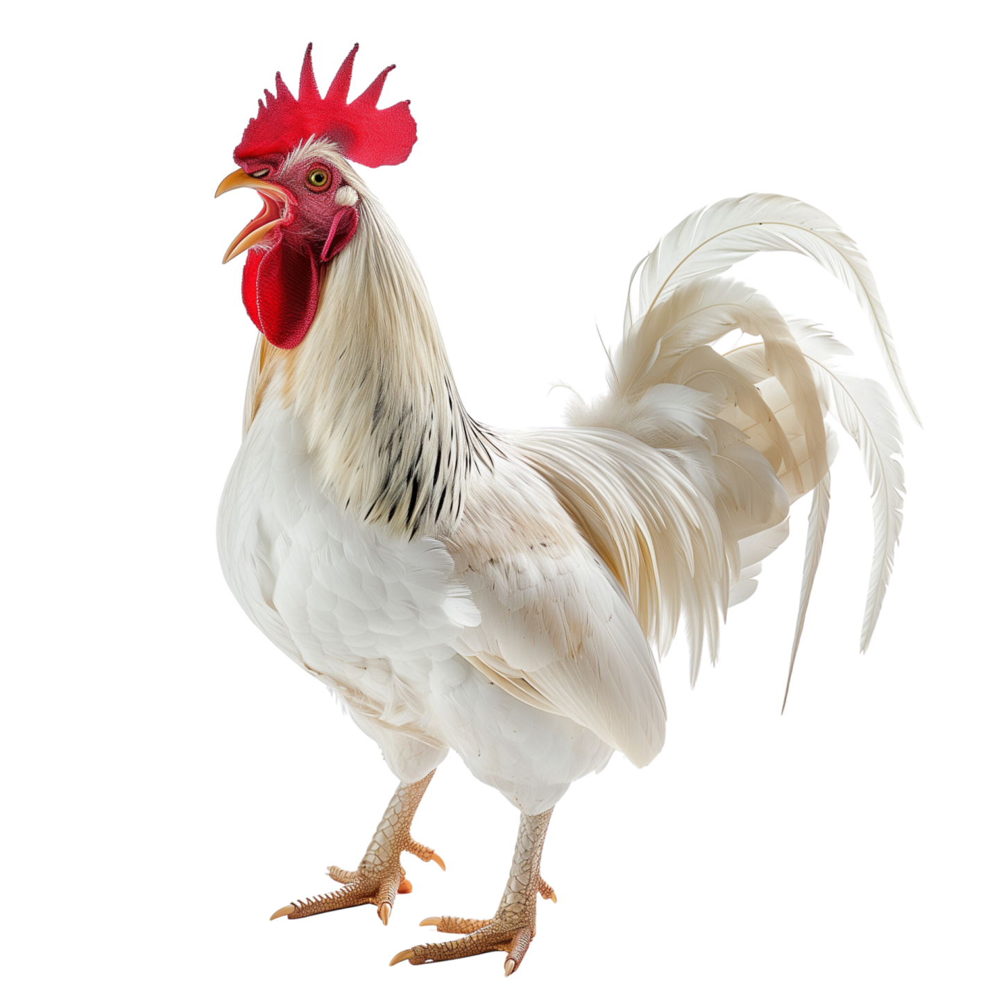a white rooster with a red comb on its head
