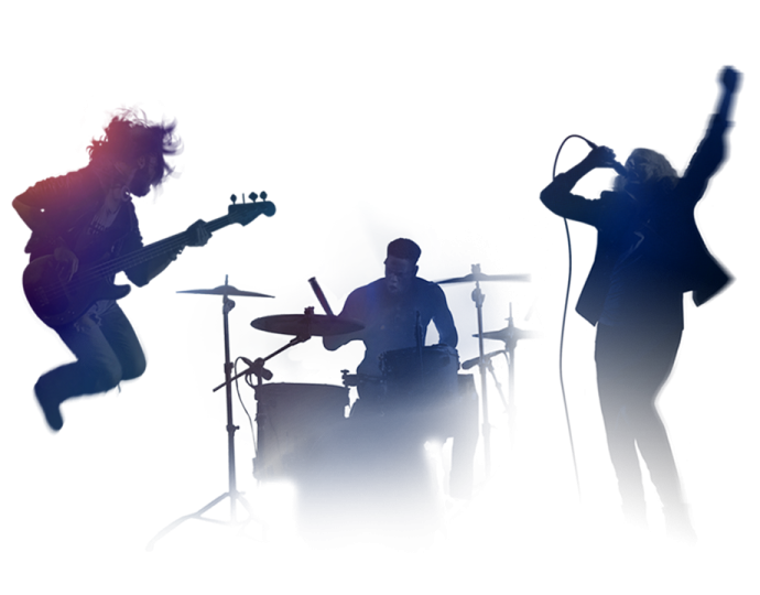 the silhouettes of people playing instruments and singing