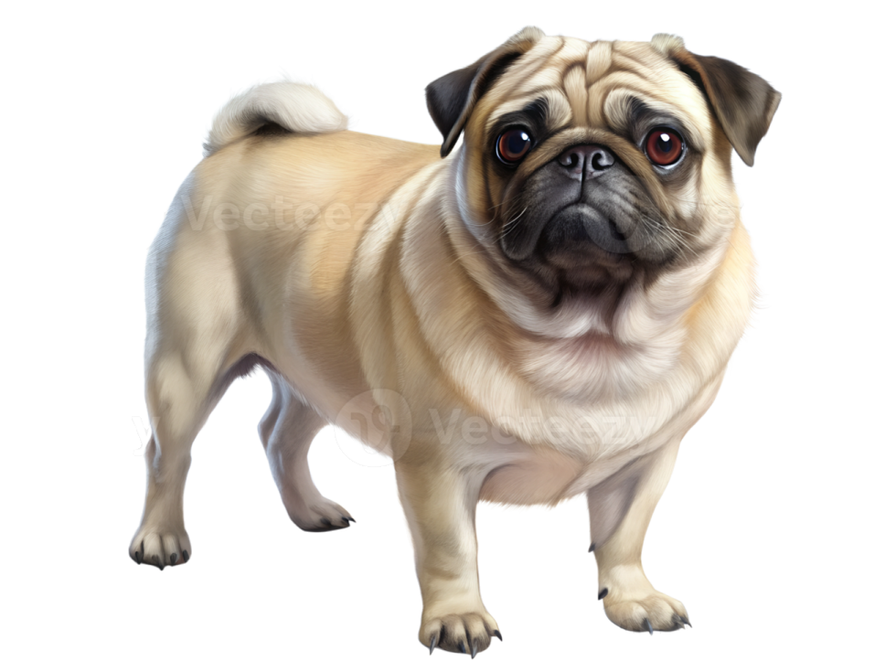 a pug dog standing on a white background