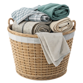 a basket filled with towels and blankets