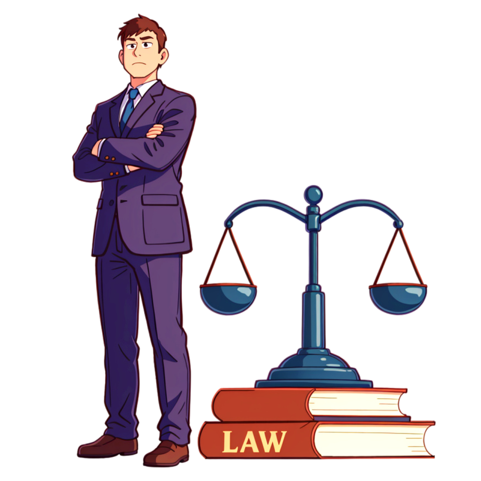 a man in a suit standing next to a scale of law