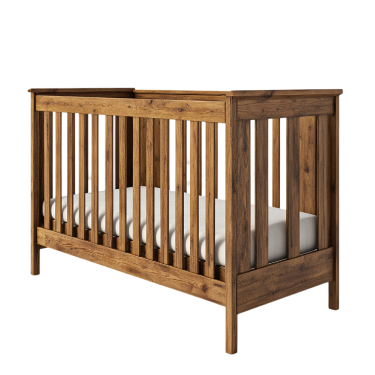 a wooden cribt with white sheets in it