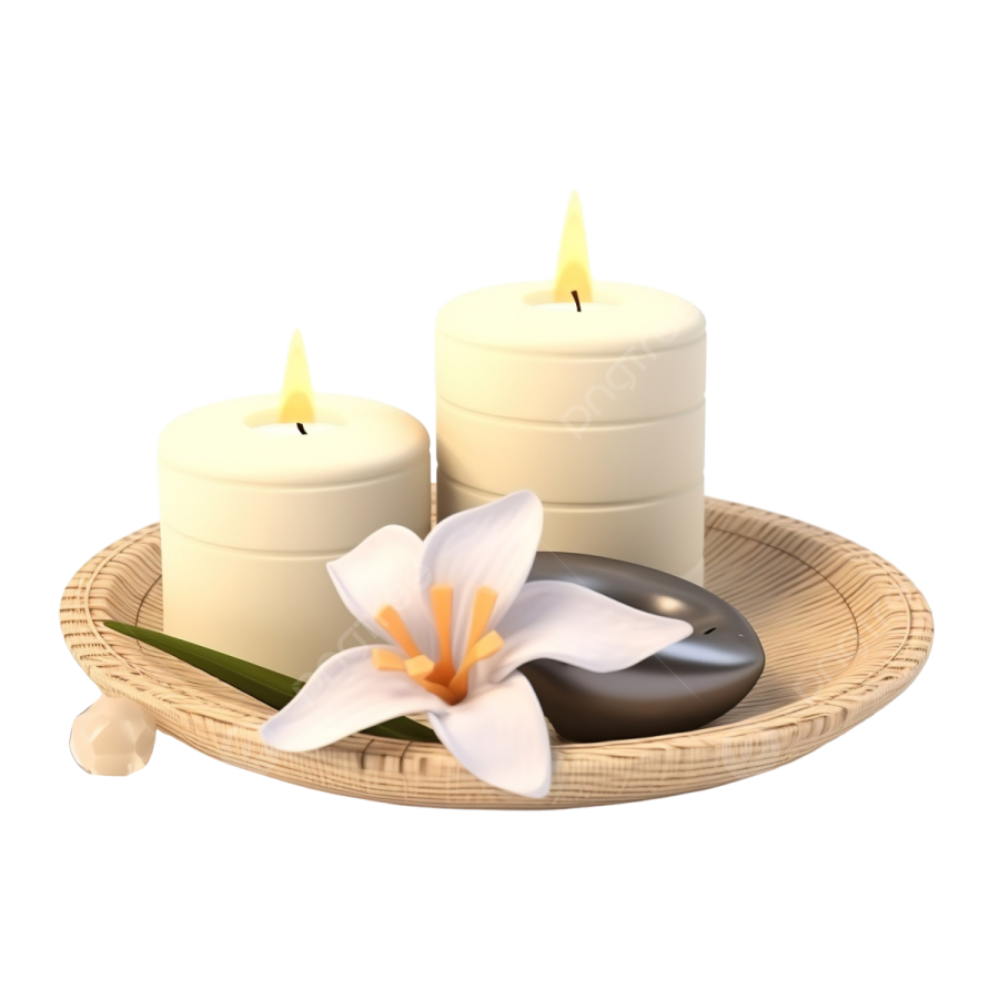 two candles and a flower on a bamboo tray