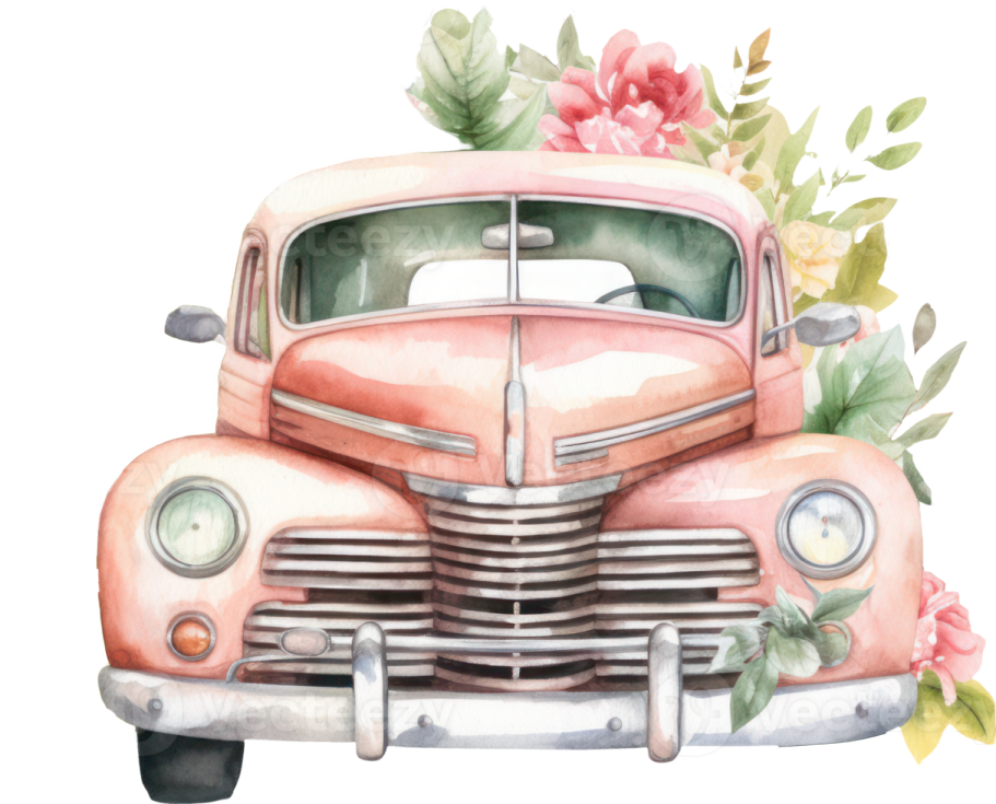 a watercolor painting of an old car with flowers