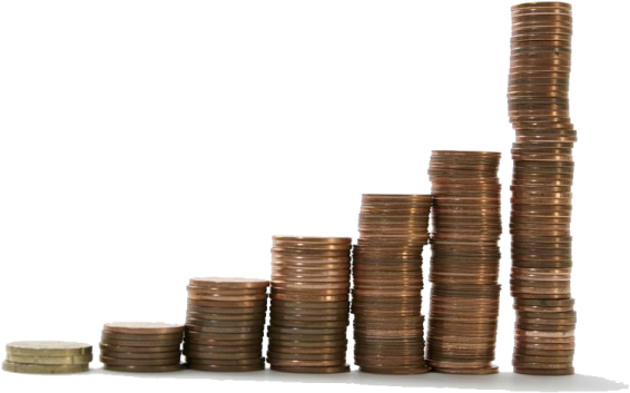 a stack of coins next to a pile of money