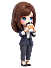 a woman in a business suit holding a cup