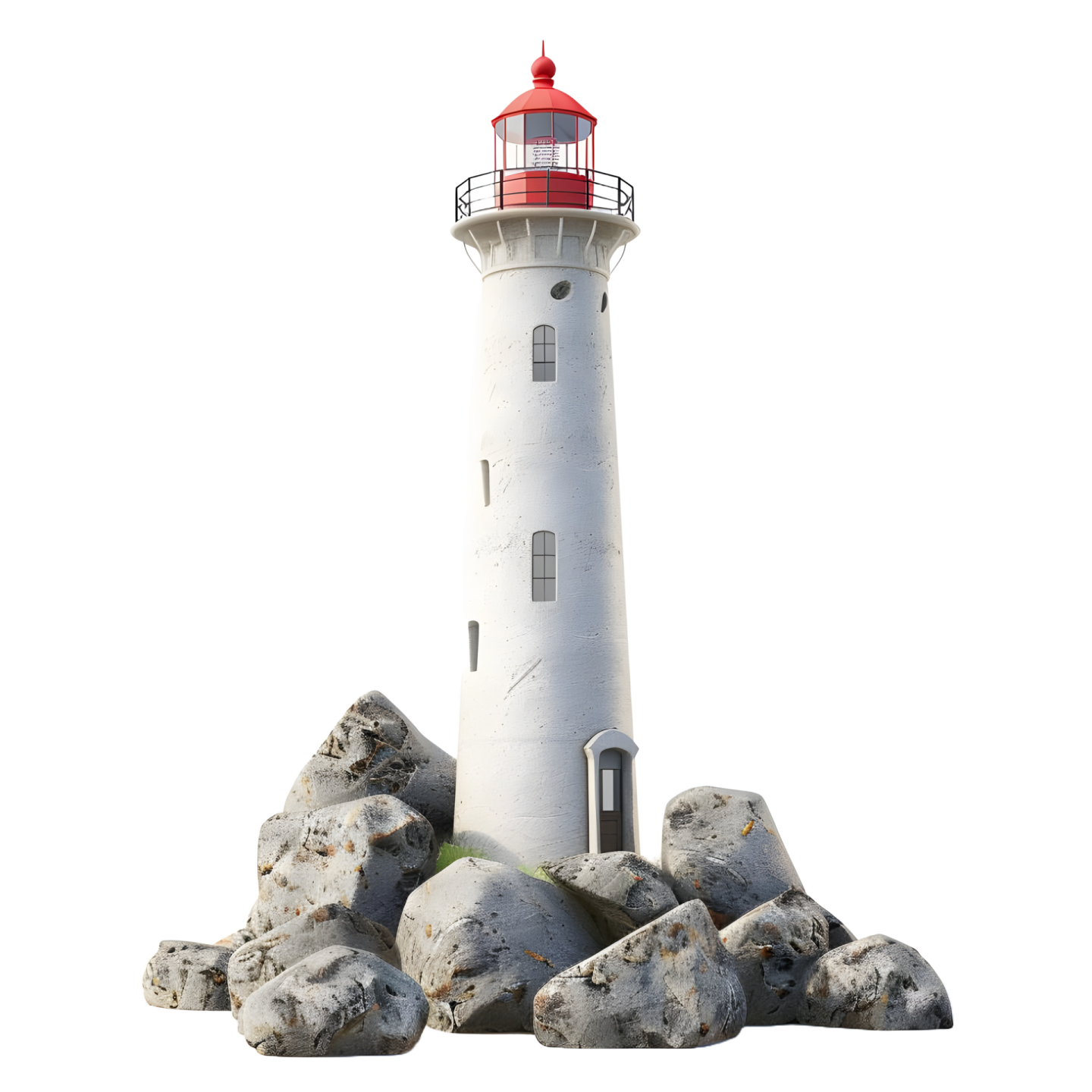 a white and red lighthouse on top of rocks