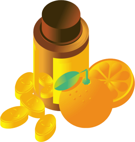 an orange and a bottle of vitamin oil