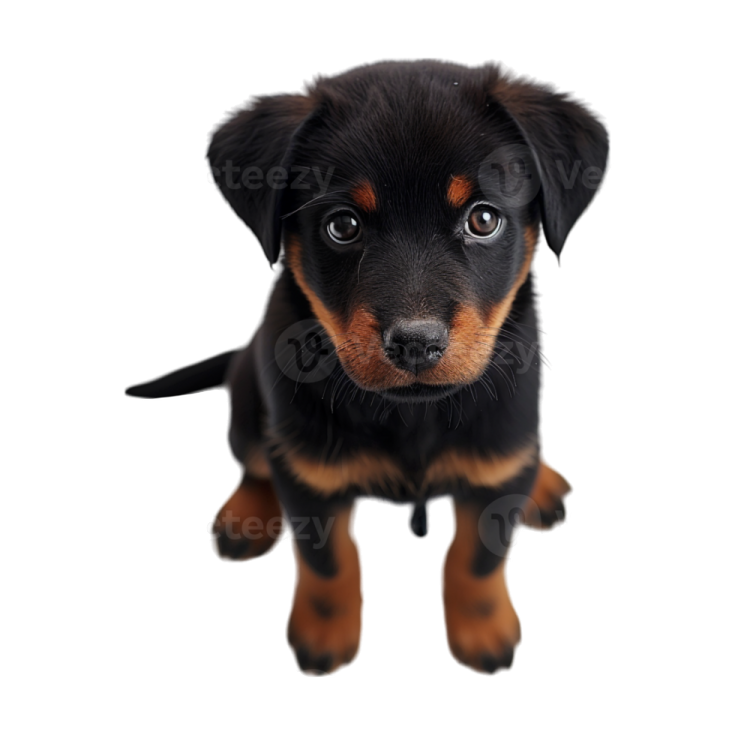 a small black and brown puppy dog looking at the camera