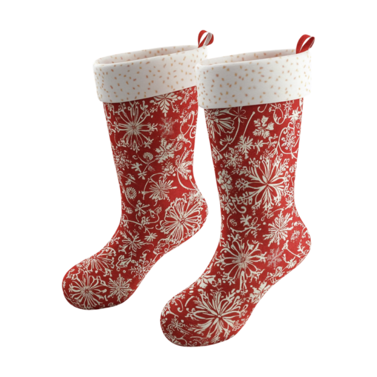 a pair of red and white christmas stockings
