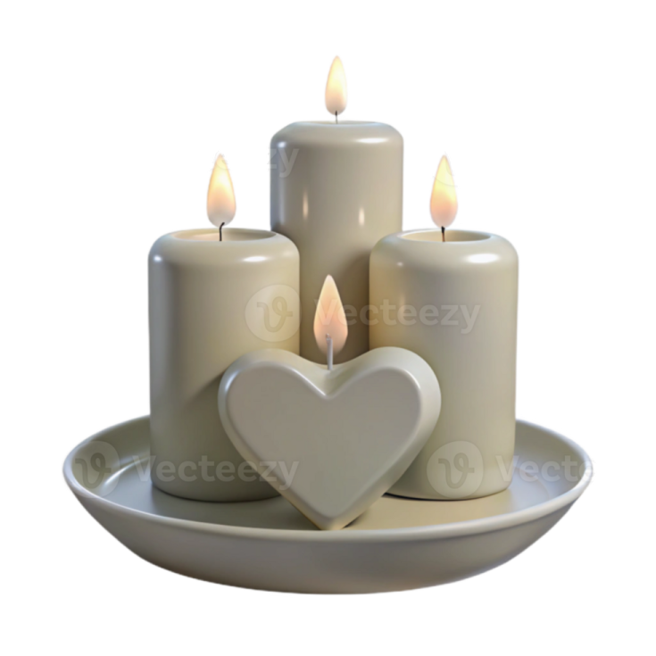 three white candles and a heart on a plate