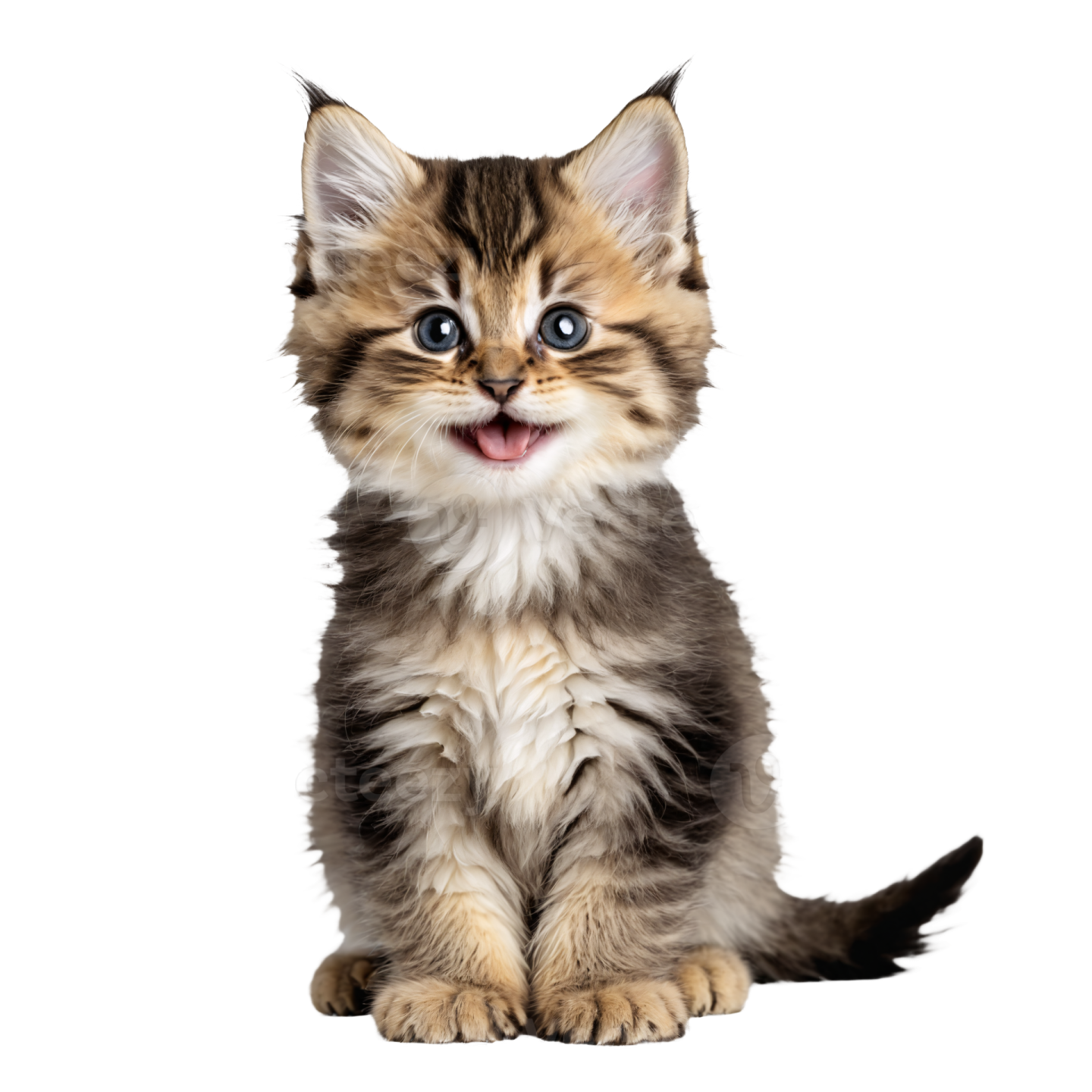 a small kitten sitting down with its tongue out