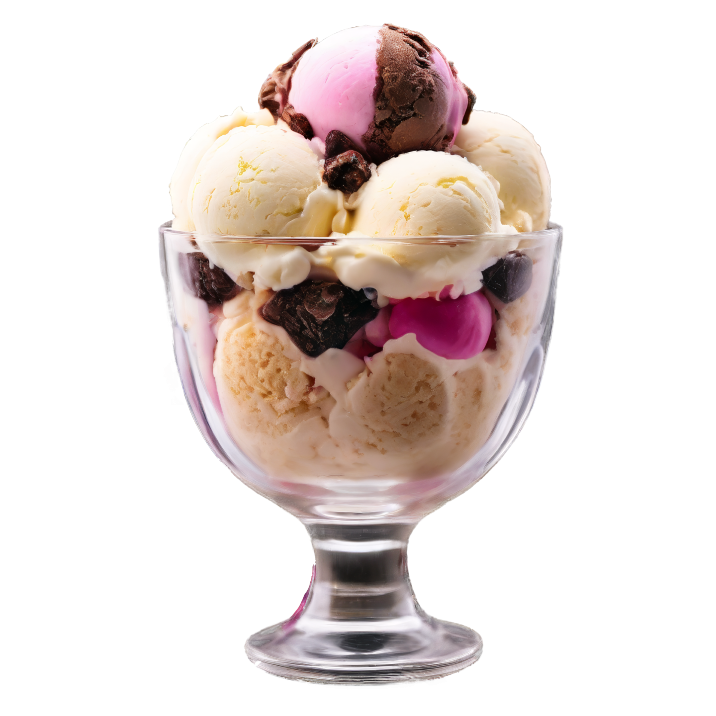 three scoops of ice cream in a glass dish