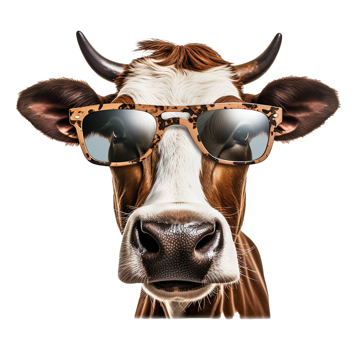a close up of a cow wearing sunglasses
