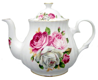 a white tea pot with pink roses on it