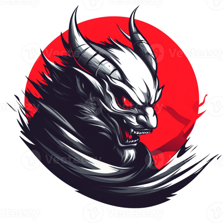 a black and white dragon with red sun in the background