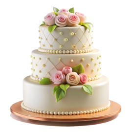 a three tiered cake with pink roses on top