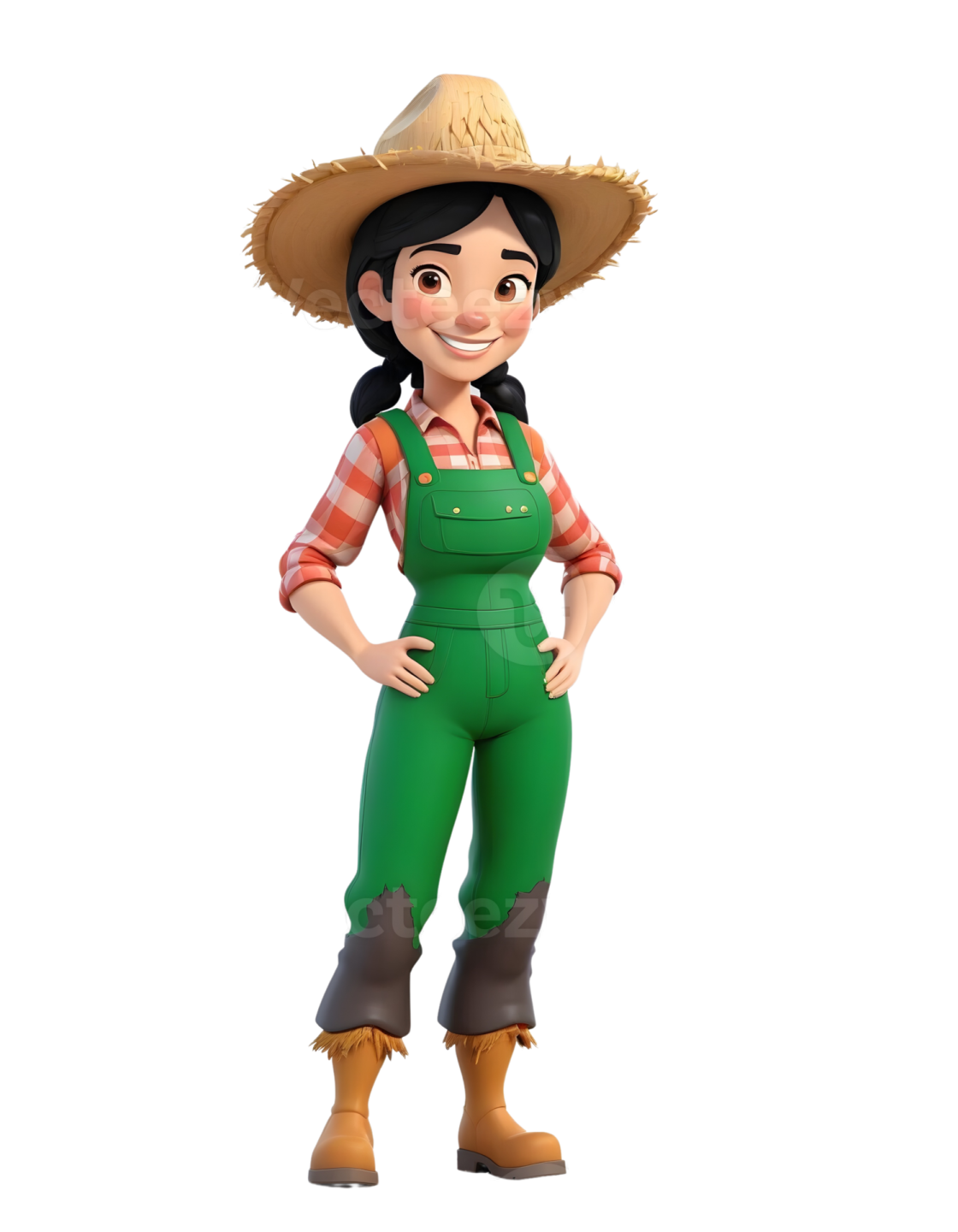 a 3d woman wearing a hat and overalls
