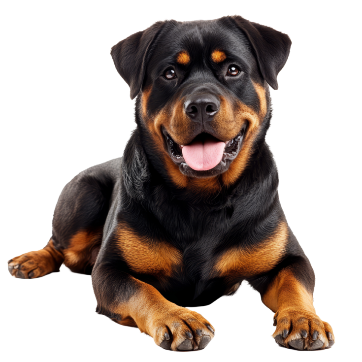 a black and brown dog laying down with its tongue out