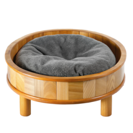 a wooden dog bed with grey fur on top