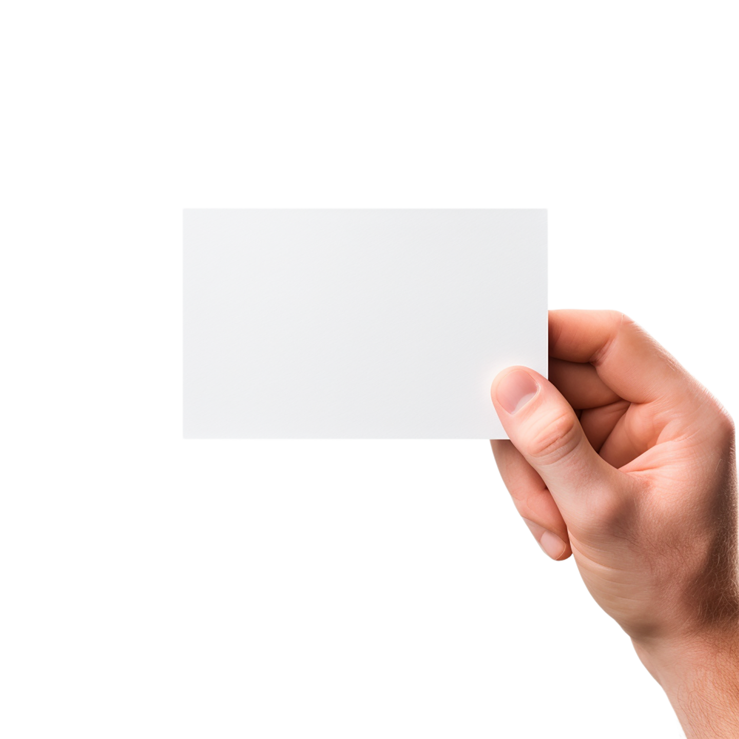 a hand holding a business card against a white background