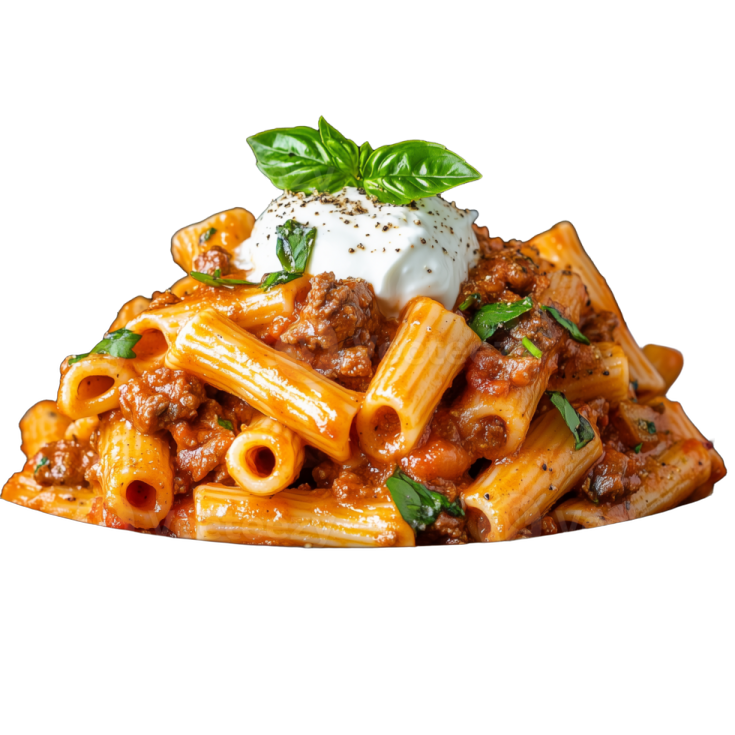a black bowl filled with pasta and meat