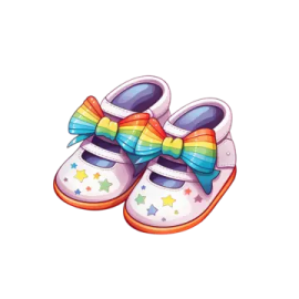 a pair of baby shoes with a rainbow bow