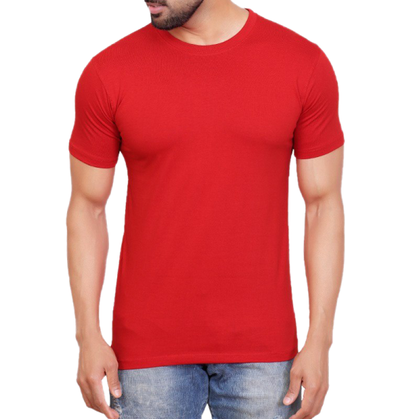 a man wearing a red t - shirt