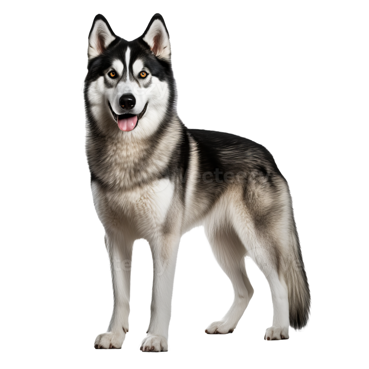 a black and white husky dog standing on a white background