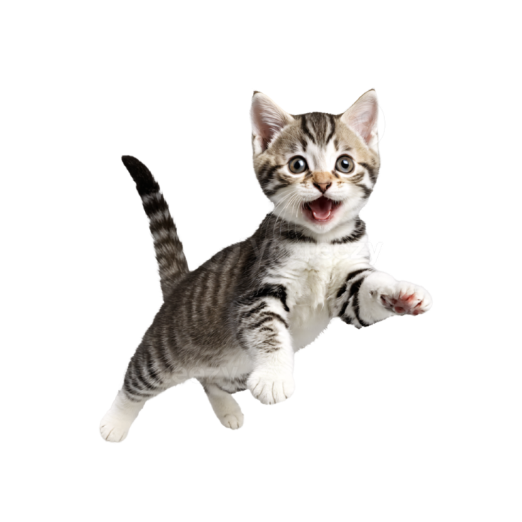 a small kitten is jumping in the air