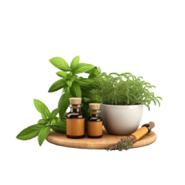a mortar and mortar with herbs on it