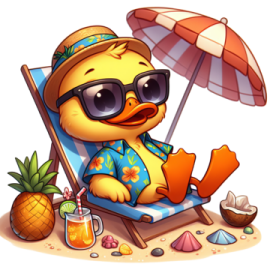 a cartoon duck sitting in a beach chair with an umbrella
