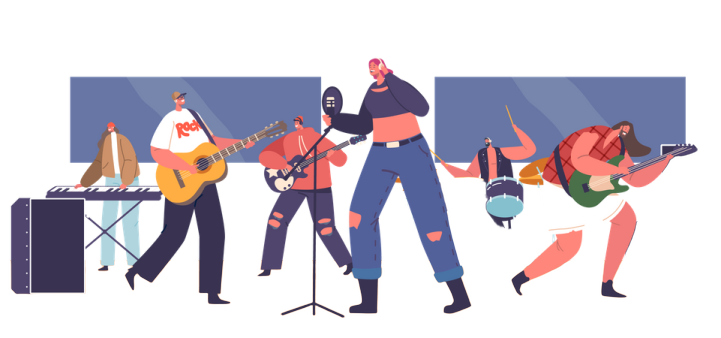 a group of people playing instruments in a music studio
