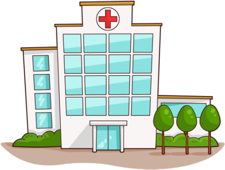 a hospital building with trees and bushes