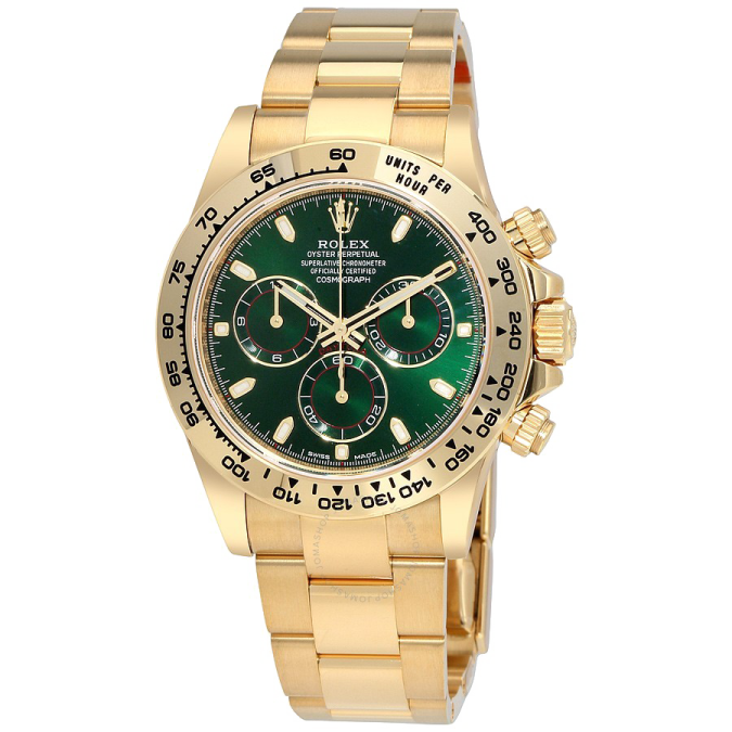 a gold role watch with green dial