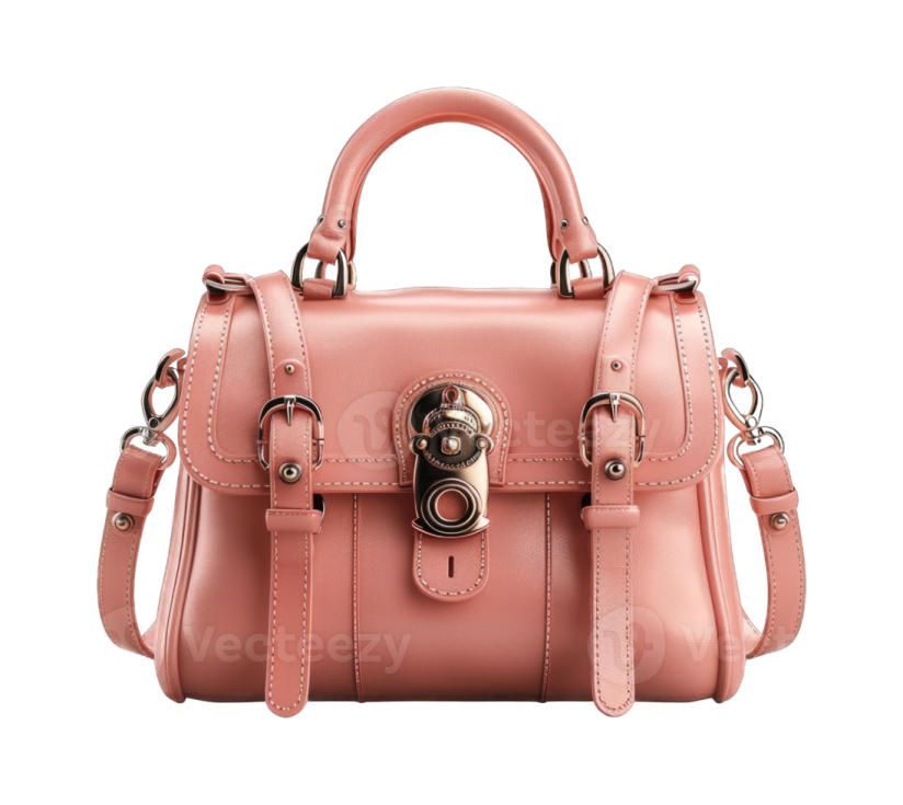 a pink leather handbag on a white background