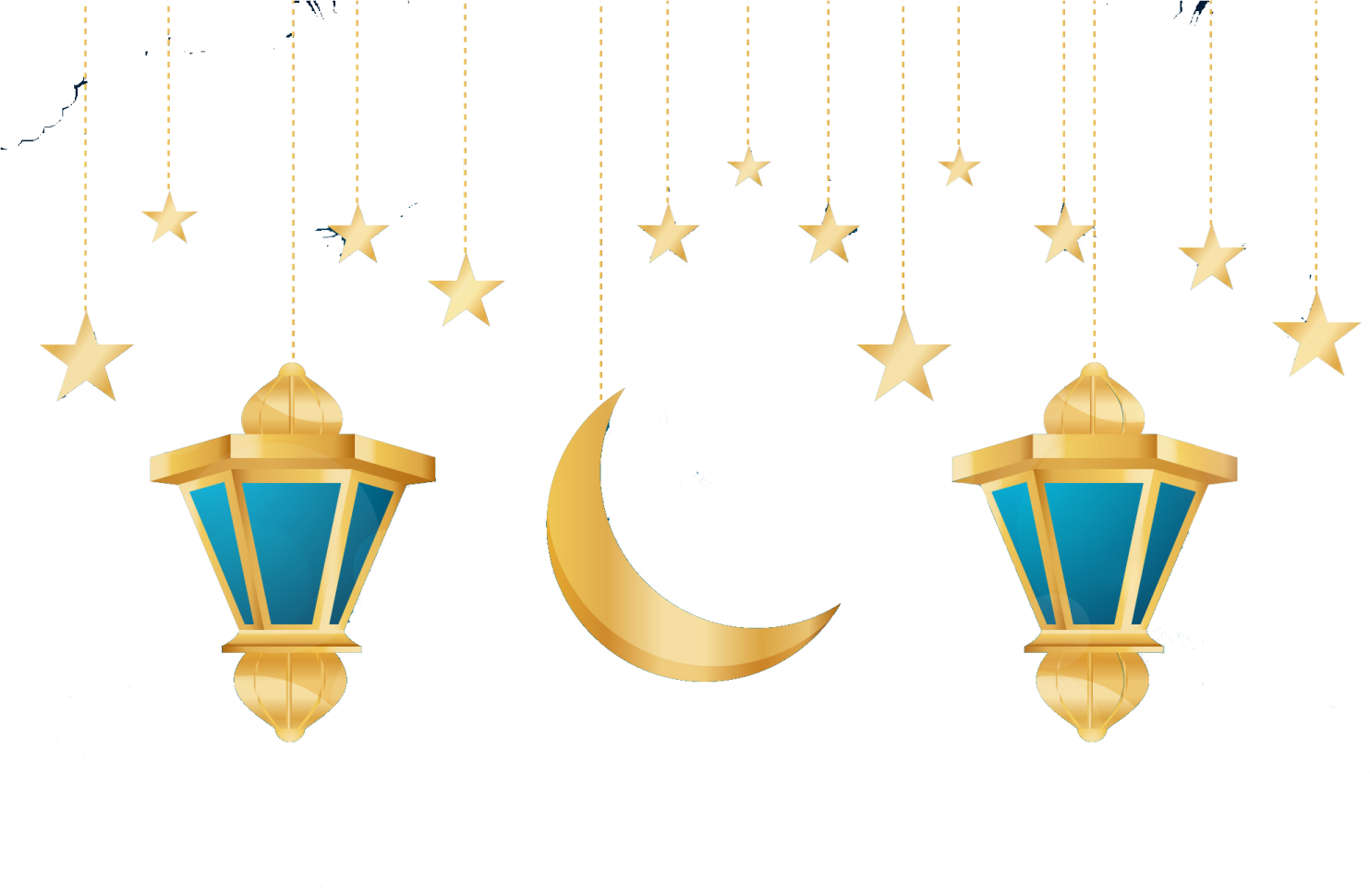 three hanging lanterns with stars and crescents