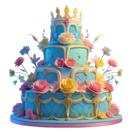 a blue and yellow cake with flowers on top